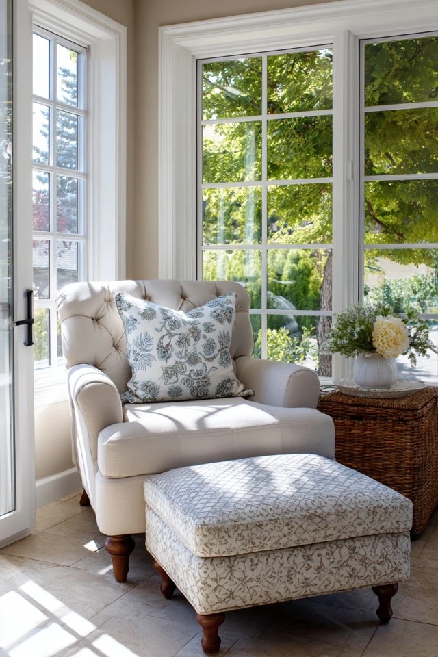 Upholstered storage ottoman serving as seating, footrest, and hidden storage in a small sunroom