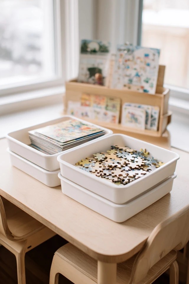 Organized bins and baskets holding LEGOs and building blocks in a STEM-focused sunroom playroom