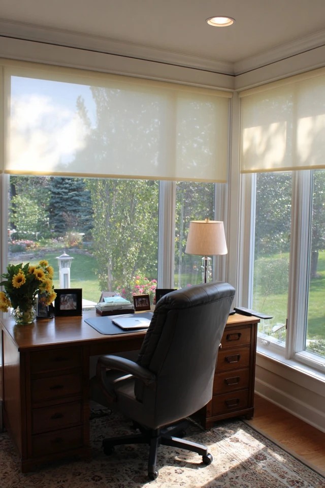 L-shaped corner desk providing generous workspace surface in a spacious sunroom office
