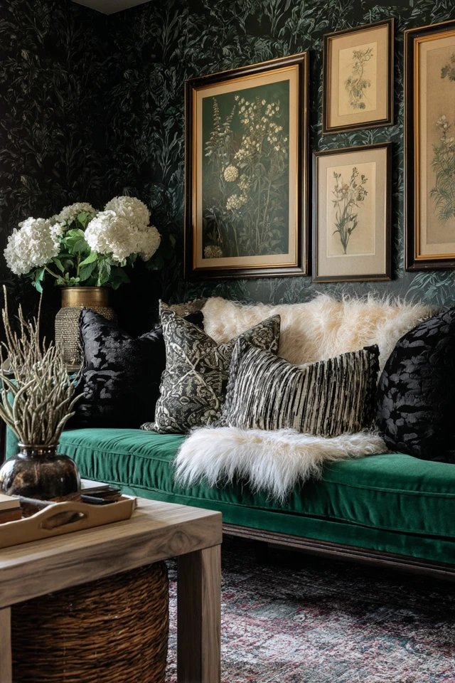 Plum or forest green velvet upholstered seating creating glamorous jewel-tone luxury in a moody sunroom
