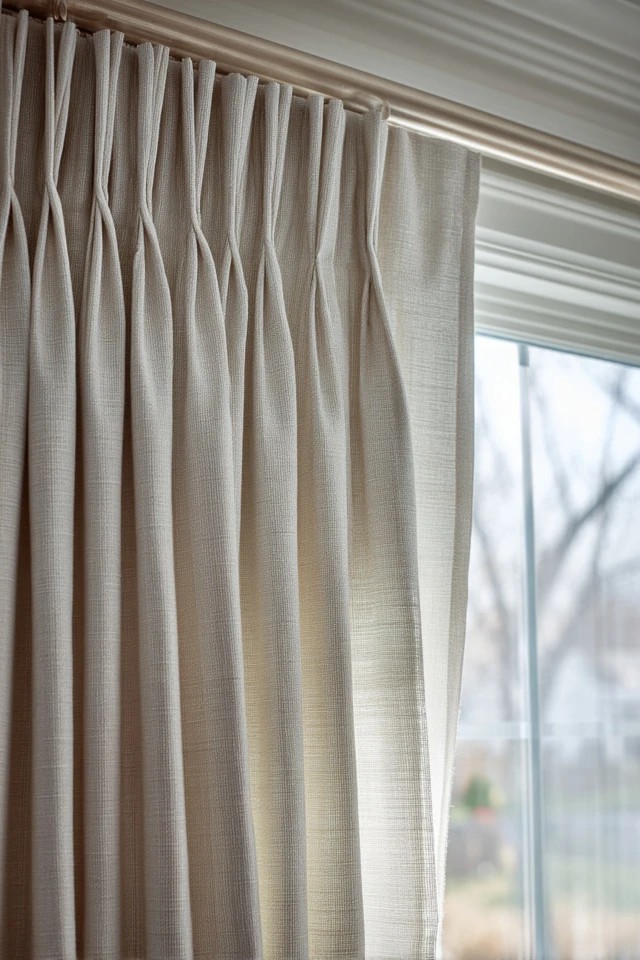Pinch-pleat headed curtain panels creating traditionally tailored elegant window dressing in a classic sunroom