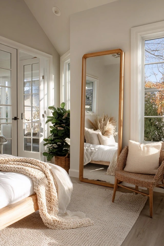 Full-length mirror positioned to reflect natural light creating a functional grooming feature in a sunroom bedroom