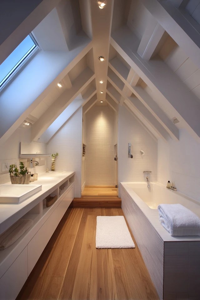 Recessed can lights installed in the sloped attic ceiling providing even ambient illumination throughout the bathroom