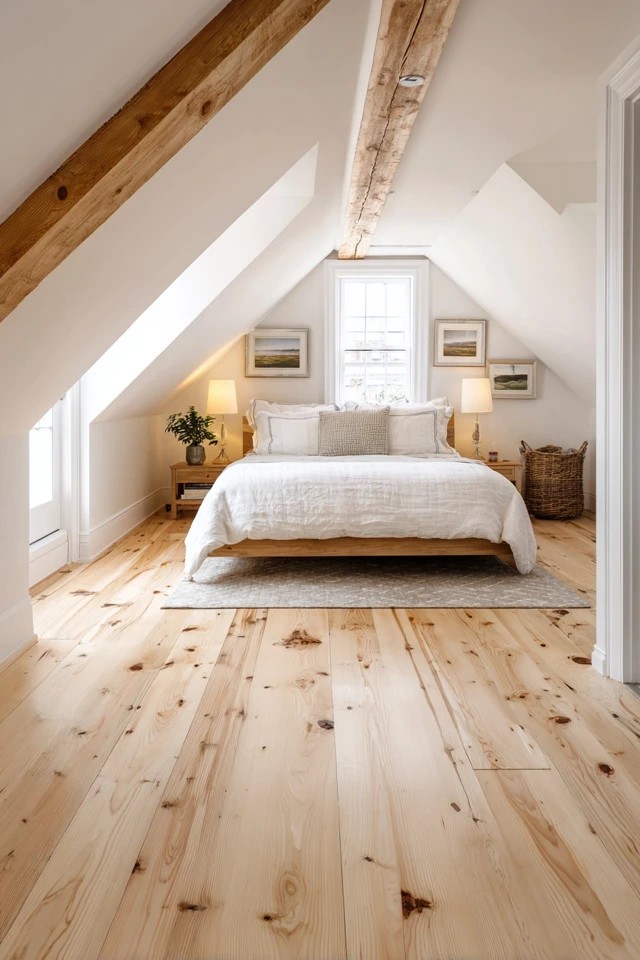 White sheer curtains on dormer windows providing gentle privacy and soft light diffusion in an attic bedroom