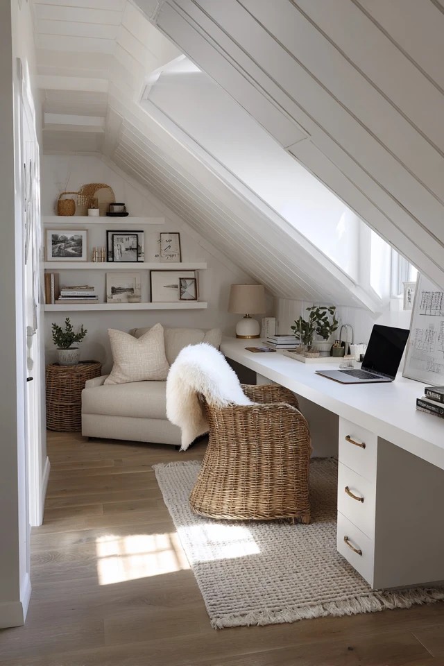 Comfortable armchair positioned in an attic office corner providing a dedicated break and reading spot