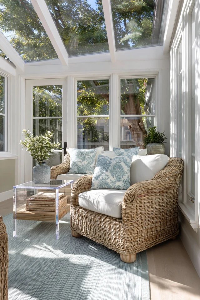 Clear glass or acrylic side table reducing visual mass in a small sunroom