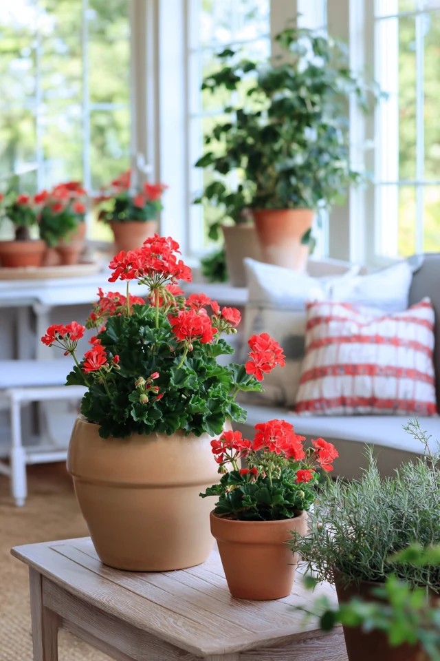 Red geraniums and herbs in terracotta pots creating a cottage garden atmosphere in a sunroom
