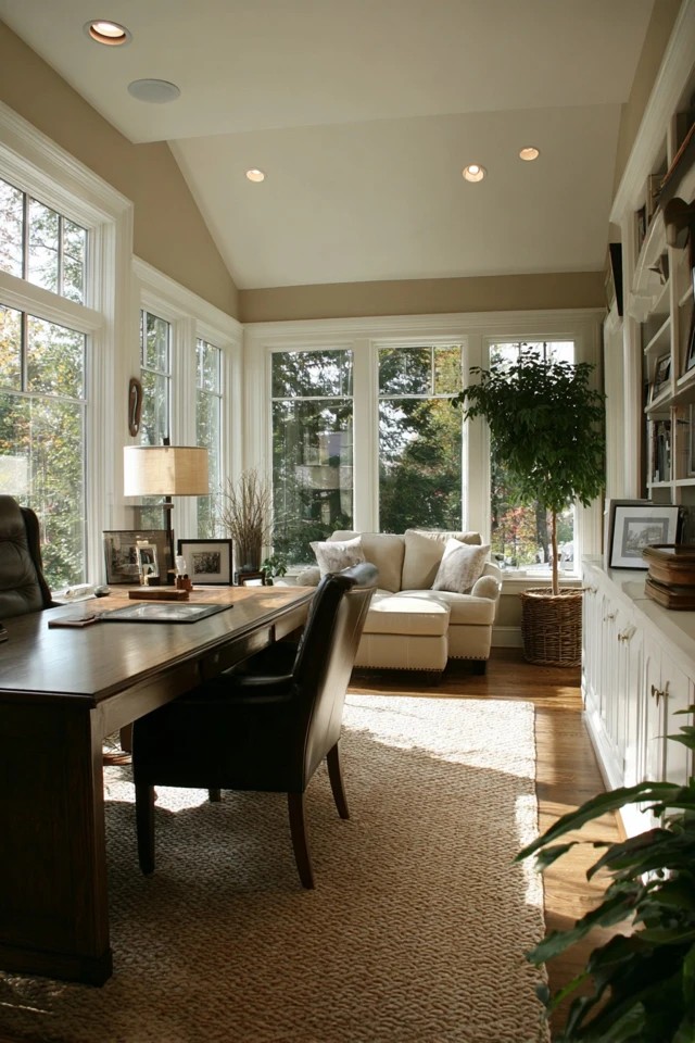 Cable trays and cord organizers creating a clean tidy tech workspace in a sunroom office
