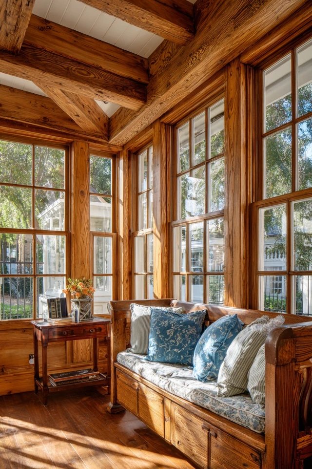 Willow and vine woven baskets holding blankets and magazines as beautiful rustic storage in a sunroom