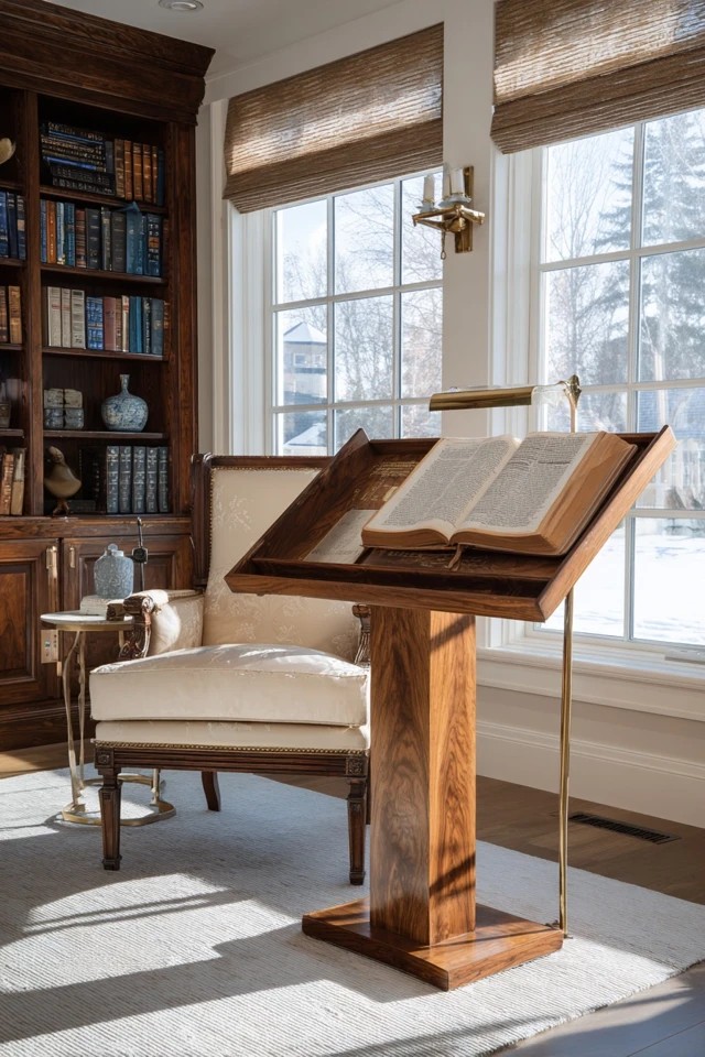 Potted plants interspersed with books on shelves and stands creating a living botanical sunroom library atmosphere