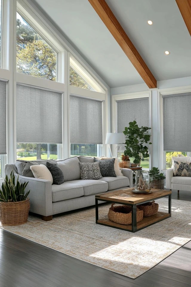 Matching side tables flanking the sofa providing functional lamp bases and surfaces in a sunroom living room