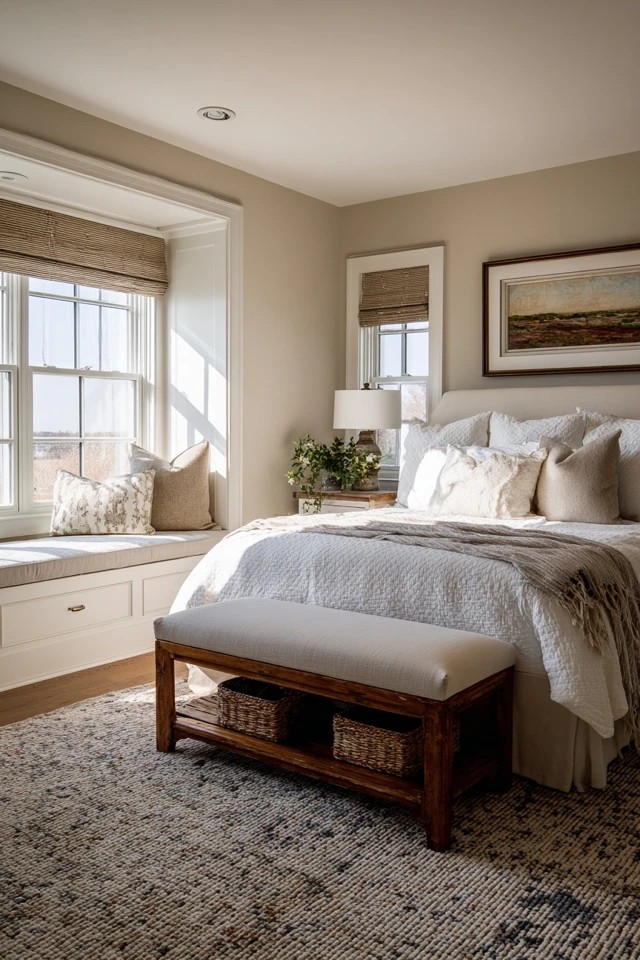 Upholstered bench at the foot of the bed providing seating and clothing staging in a layered sunroom bedroom