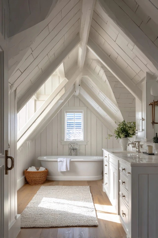 White tongue-and-groove wood planks on the attic bathroom ceiling creating dimensional cottage overhead texture