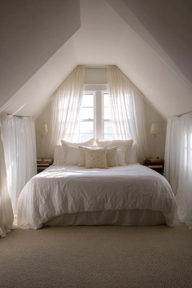 Adjustable wall-mounted sconces flanking the bed providing reading light and freeing nightstand space in an attic bedroom