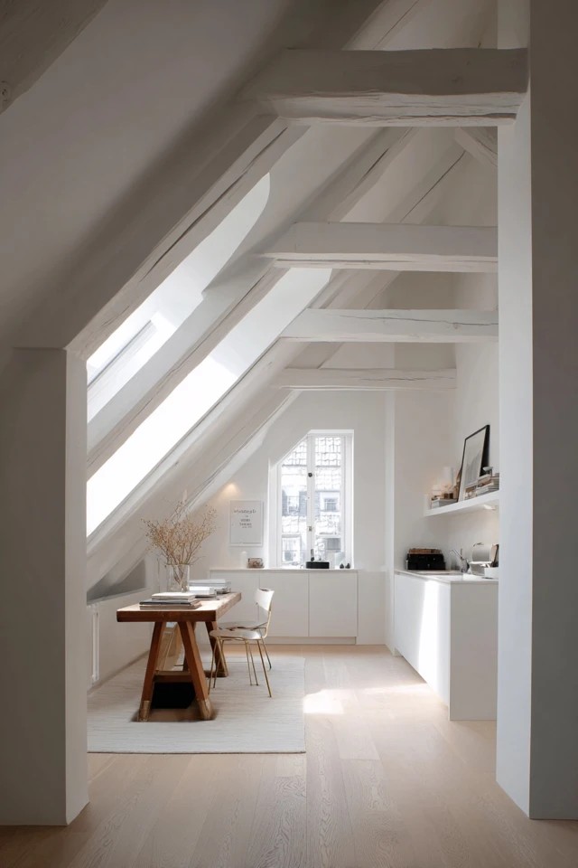 Light oak hardwood flooring creating warm natural continuity throughout an open-plan attic apartment