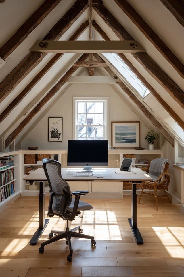 Cable trays and cord organizers creating a tidy clutter-free tech workspace in an attic office