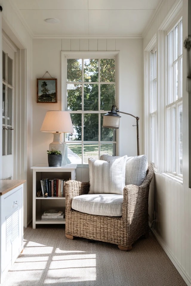 Comfortable armchair with floor lamp creating a focused reading nook in a small sunroom
