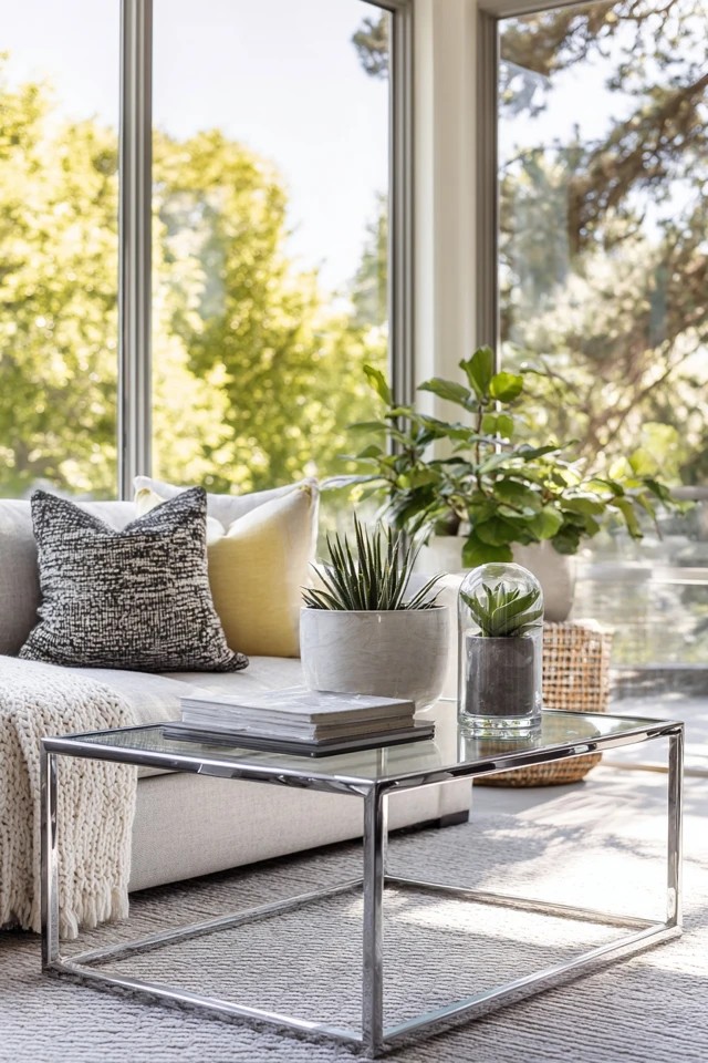 Sleek chrome and glass coffee table maintaining visual openness in a contemporary modern sunroom