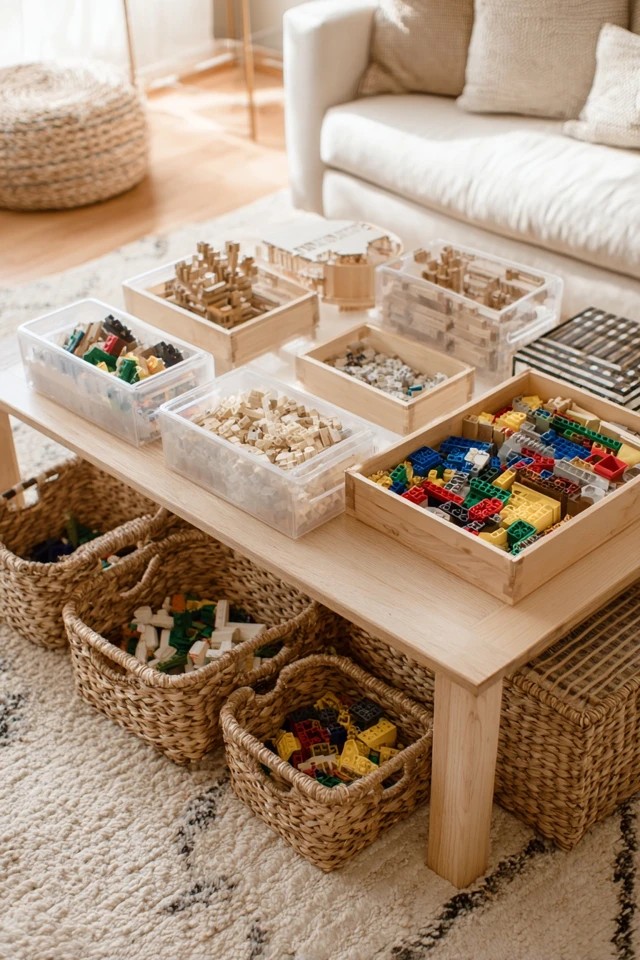 Cushioned window seat with lift-top storage creating a dual-purpose seating and storage feature in a sunroom playroom