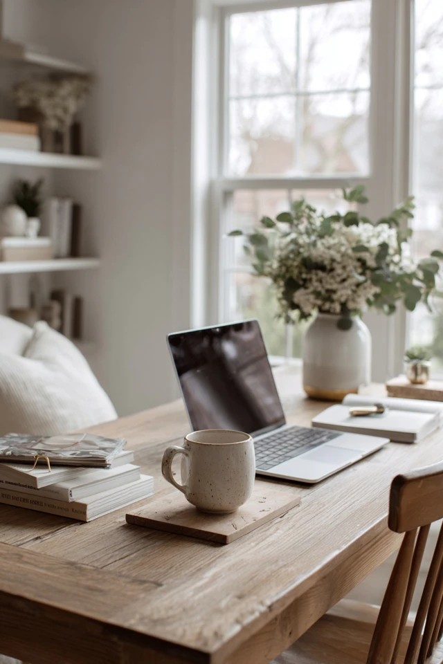 Printer and supplies on a dedicated side table creating a functional support station in a sunroom office