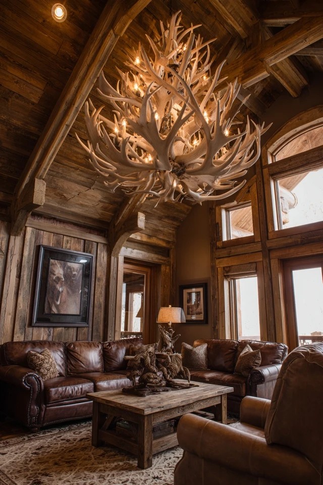 Buffalo check and tartan plaid cushions and throws adding traditional cabin warmth to a rustic sunroom