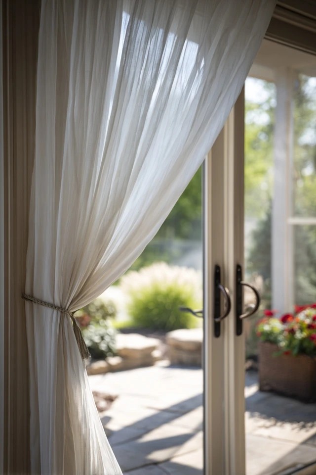 UV-resistant outdoor-grade fabric curtain panels providing durable weather-resistant sunroom window covering