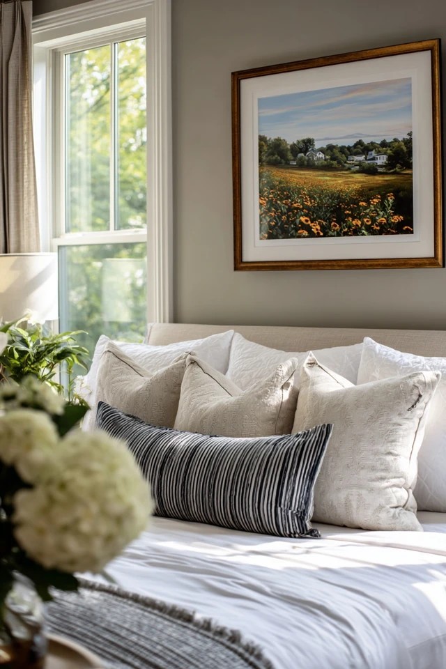 Framed artwork or photograph above the bed creating a personalised focal point in a sunroom bedroom