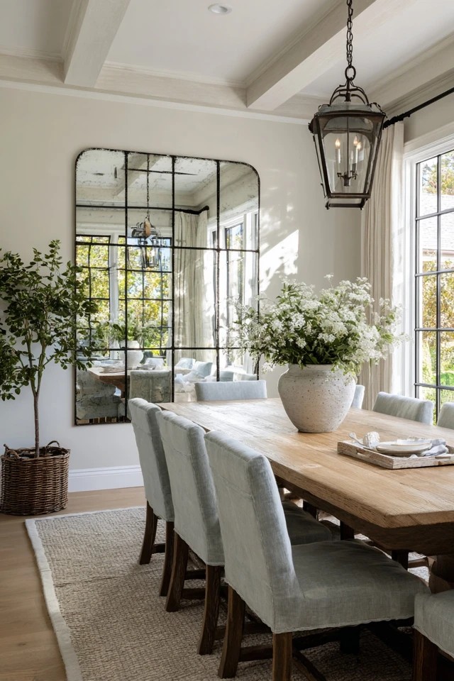 Window-style mirror with wood grid mullions creating farmhouse character in a dining room