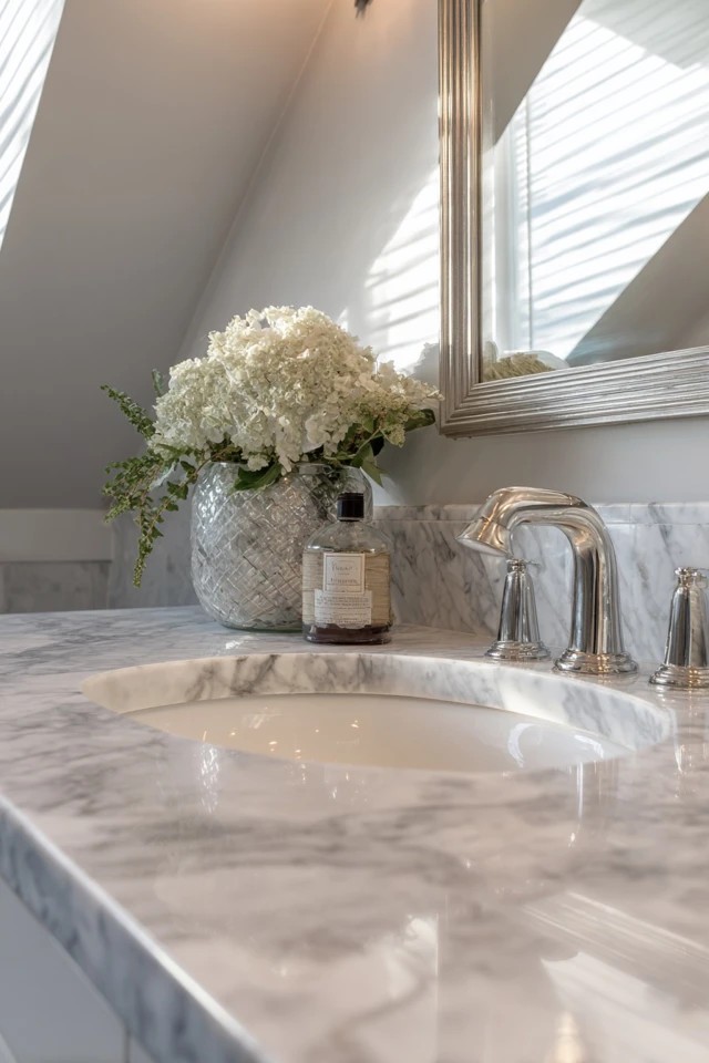White or grey marble countertop on a custom vanity creating a luxurious grooming surface in an elegant attic bathroom