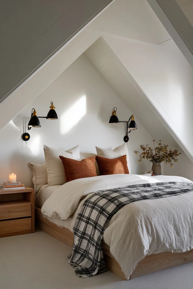 Natural area rug placed under and around the bed grounding the sleeping zone in a low ceiling attic bedroom