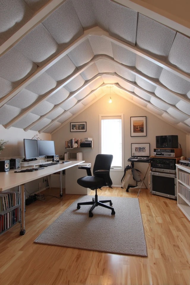 Potted plants on desk and shelves creating a biophilic productive green environment in an attic office