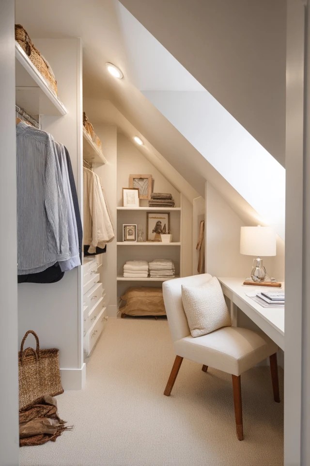 Wall-mounted valet hook providing next-day outfit staging area in a practical attic closet dressing space