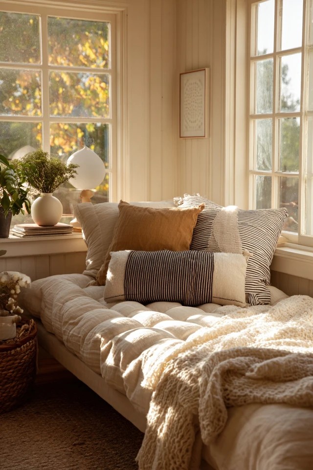 Ceiling fan with warm wood blades providing comfortable temperature control in a cozy sunroom