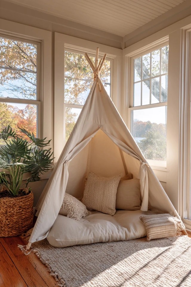 Child-safe instruments on low shelf creating an accessible music corner in a sensory sunroom playroom