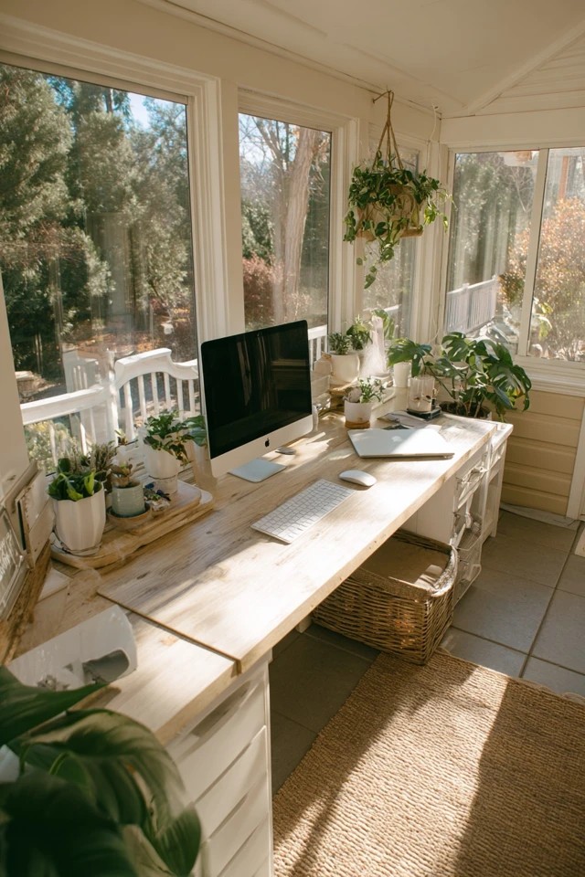 Upholstered reading chair with side table creating an alternative seating workspace in a sunroom office
