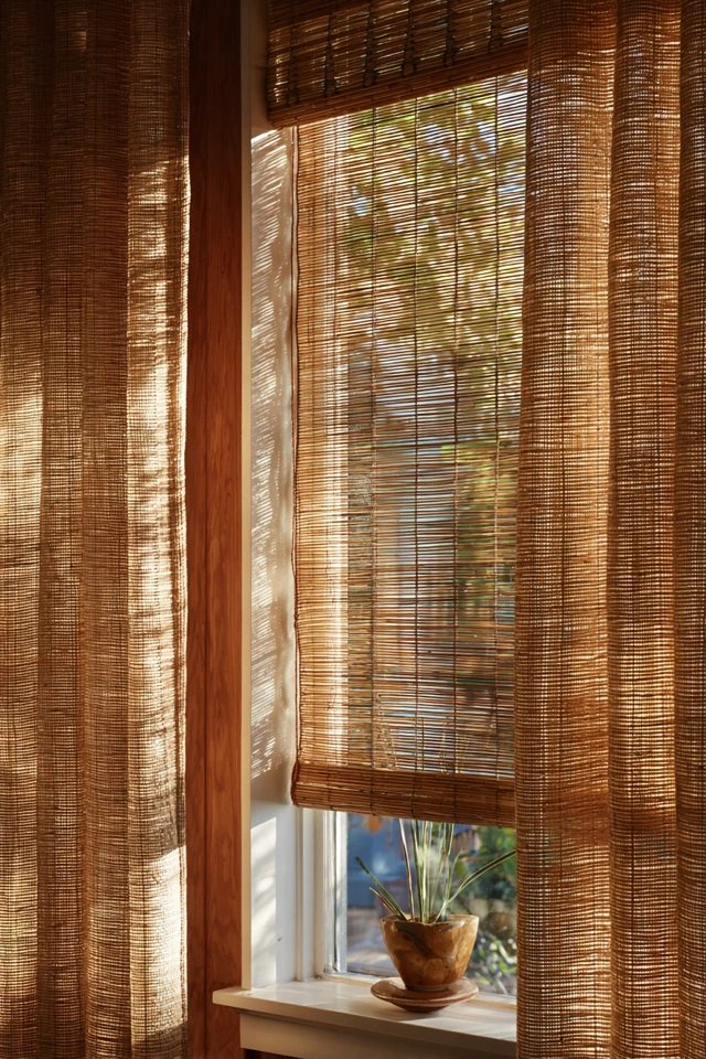 Woven bamboo curtain panels creating natural organic texture and striped light filtering in an eco-friendly sunroom