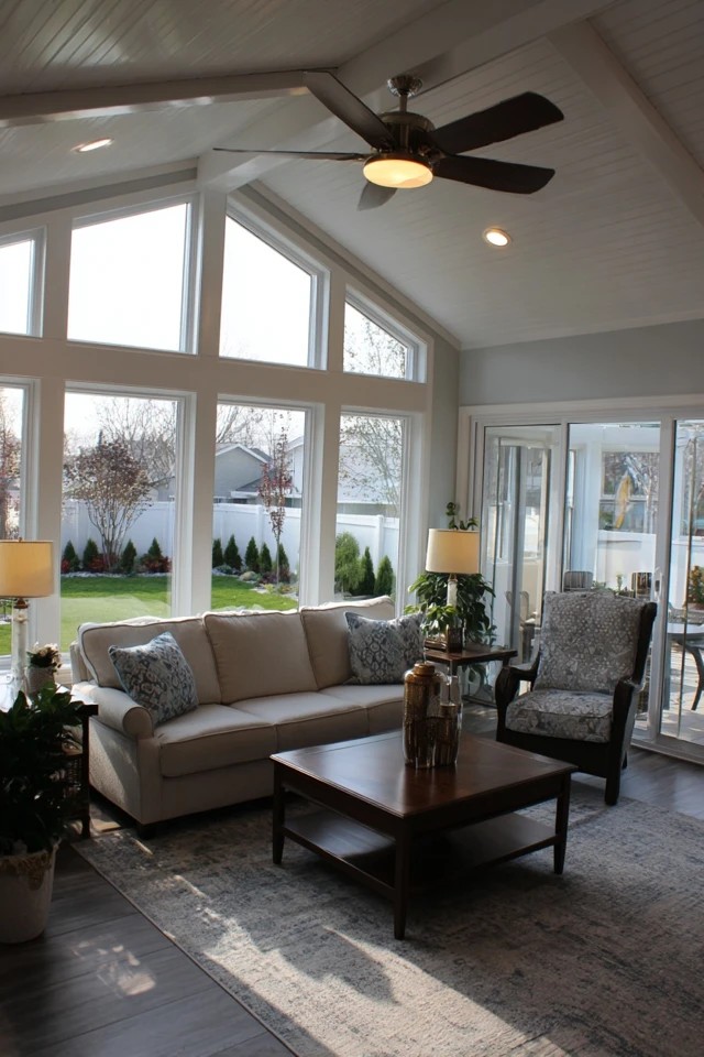 Chairs and loveseat positioned facing each other across a coffee table for easy conversation in a sunroom living room