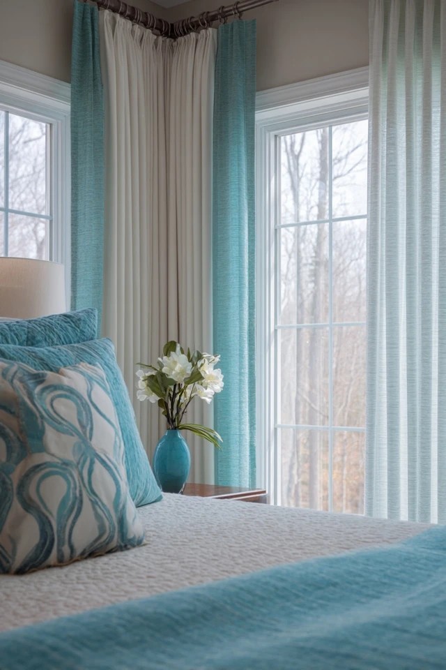 Thermal-lined curtains and shades providing insulating climate control in a comfortable sunroom bedroom