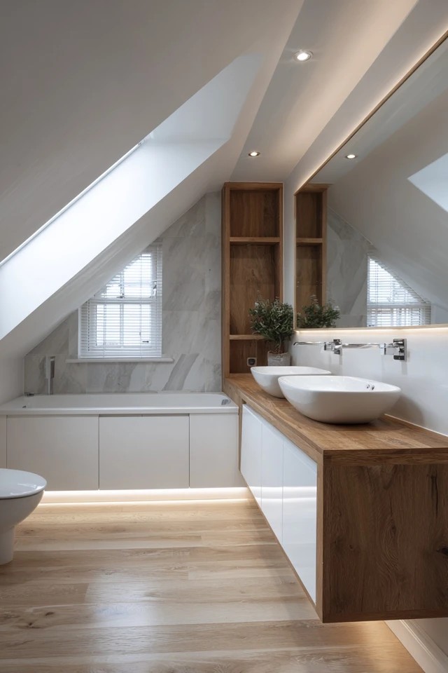 Above-counter vessel sink on a custom low vanity creating a contemporary sculptural focal point in a modern attic bathroom