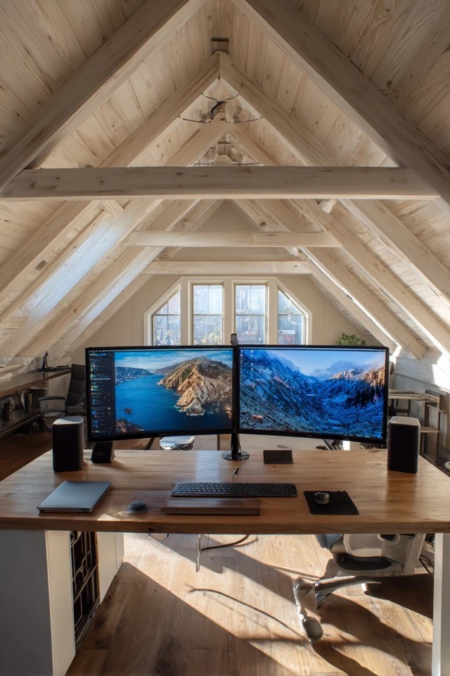 Area rug beneath the desk and chair creating acoustic softening and a defined work zone in an attic office