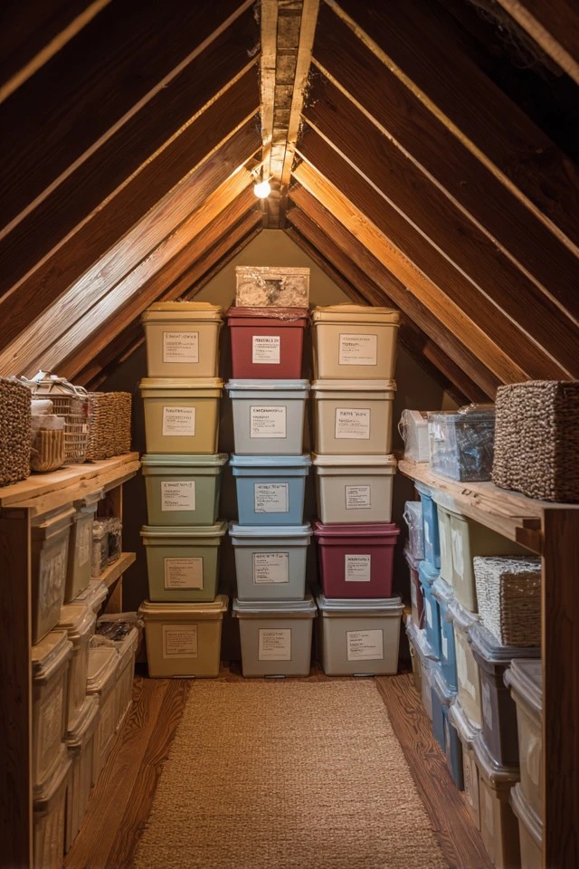 Labelled and colour-coded boxes storing holiday decorations by occasion in a seasonally organised attic