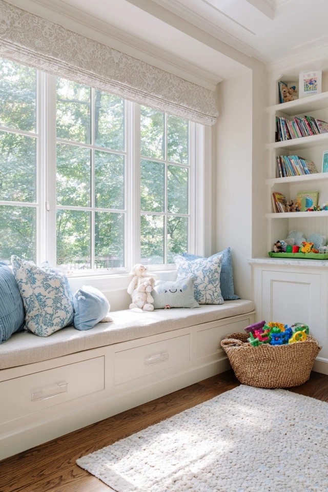 Stacking trays and cubbies organizing puzzles and games in a focused sunroom playroom area