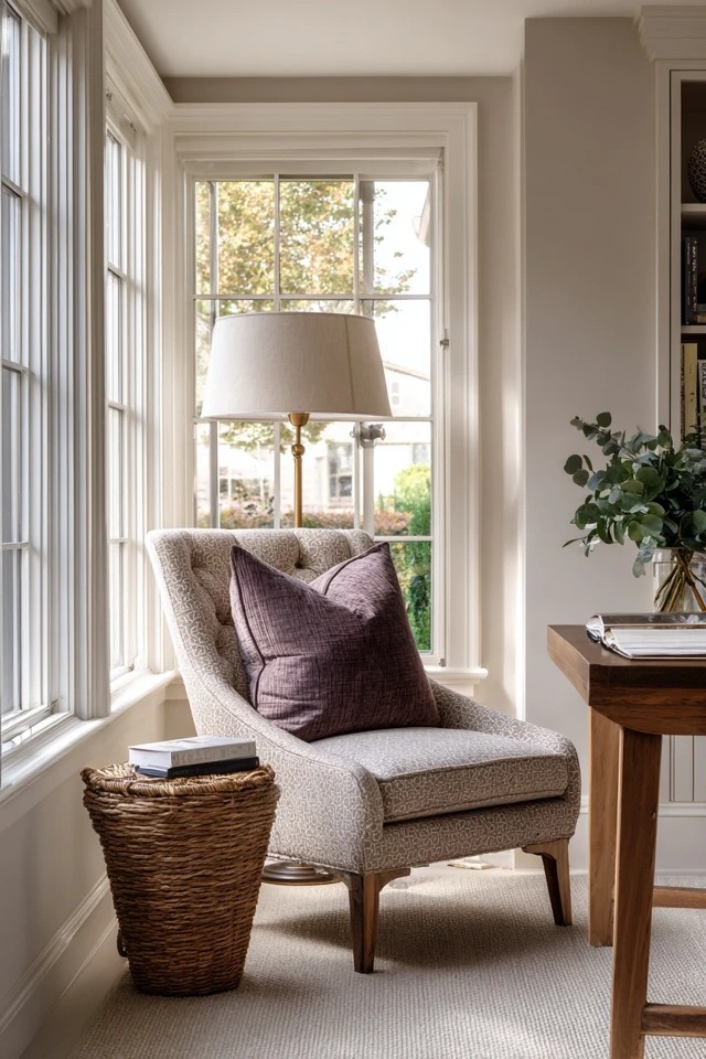 Minimal essential accessories creating a clean uncluttered desk surface in a focused sunroom office