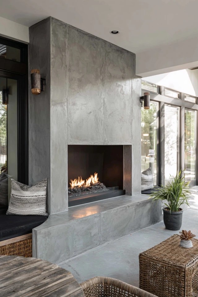 Polished concrete fireplace surround creating industrial modern sophistication in a contemporary sunroom