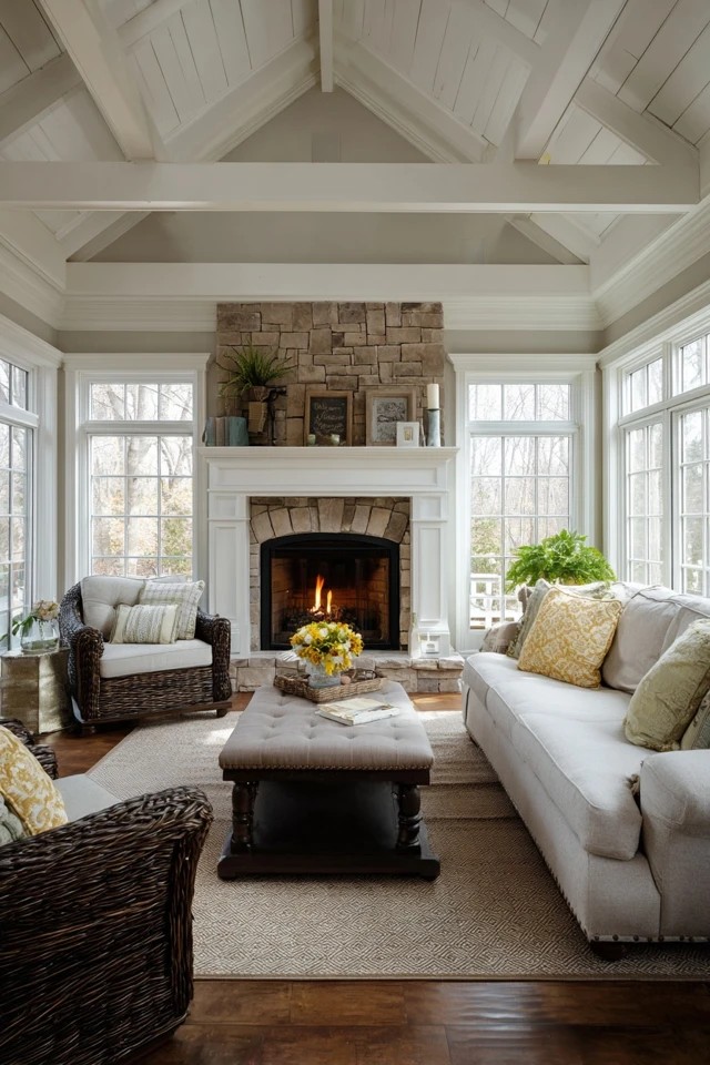 Fireplace creating a warm cosy architectural focal point in a sunroom living room with surrounding seating