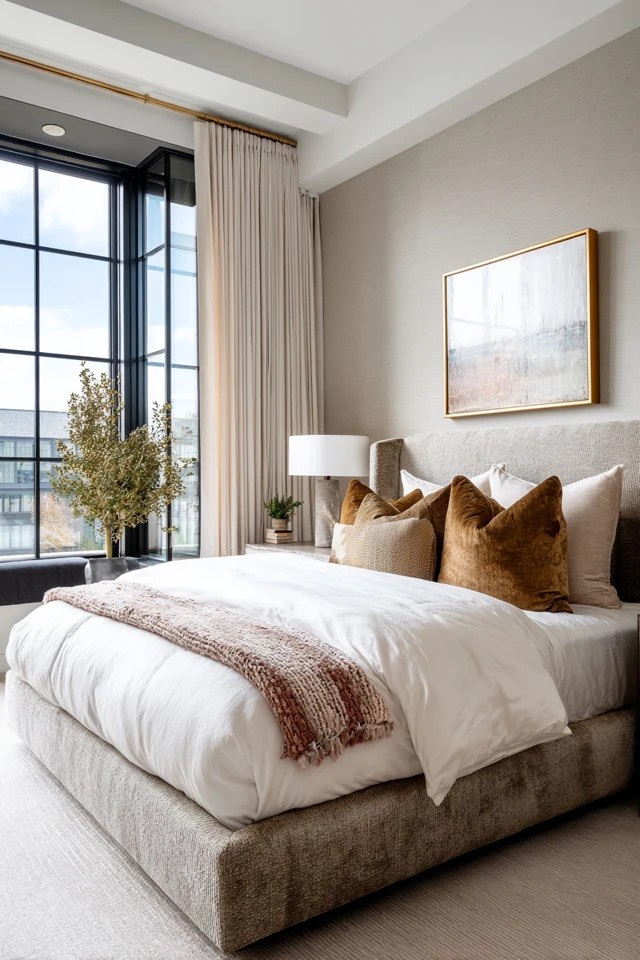 Padded upholstered headboard in linen or velvet creating a luxurious soft focal point in a sunroom bedroom