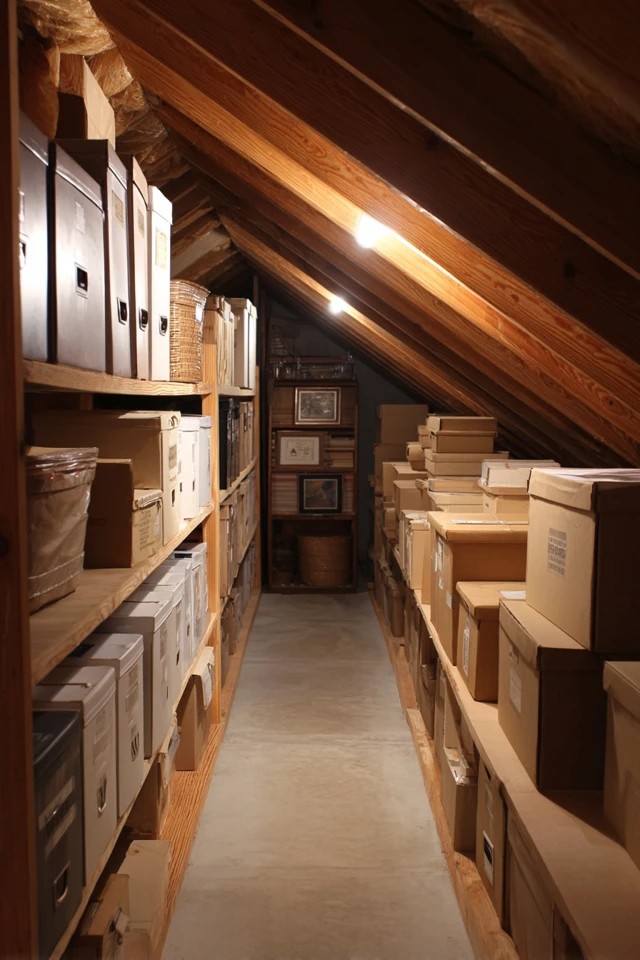 Acid-free archival document boxes protecting important papers and photographs in secure attic storage