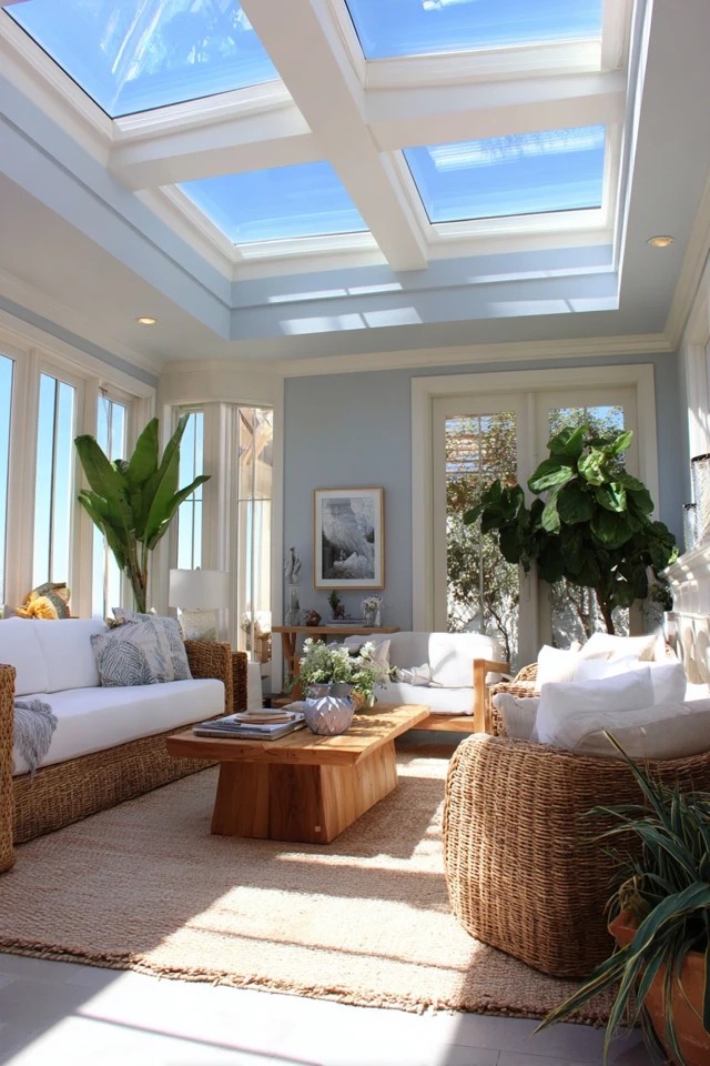 Framed botanical prints and fern illustrations arranged as gallery wall in a sunroom