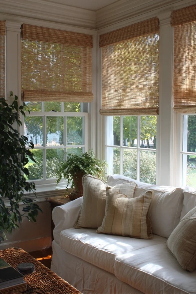 Bamboo Roman shades and soft curtains providing adjustable warm filtered light in a cozy sunroom