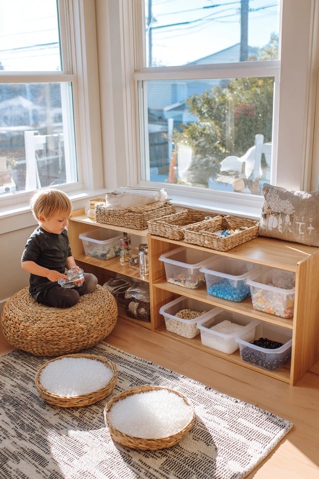 Bins with sensory materials creating a hands-on tactile exploration station in a developmental sunroom playroom